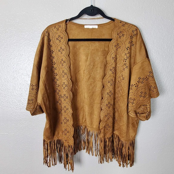HInt of MInt Faux Suede Fringed Open Jacket L - Picture 1 of 6